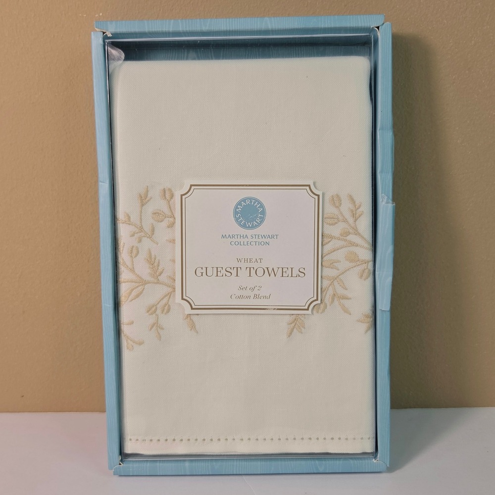 Martha Stewart Wheat Guest Towels Set of 2 Cotton Linen Cream Embroidered New IB
